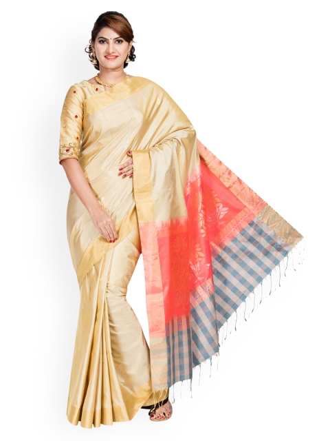 Vijayalakshmi Silks Beige & Gold-Toned Pure Silk Checked Saree