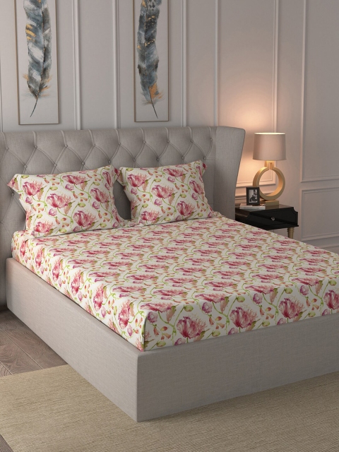 

MASPAR Pink & Beige Floral 200 TC Cotton 1 Queen Bedsheet with 2 Pillow Covers