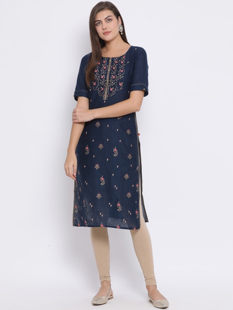 

Span Women Navy Blue & Pink Floral Printed Straight Kurta