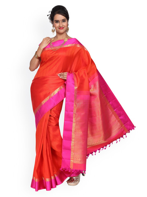 

Vijayalakshmi Silks Orange & Pink Pure Silk Woven Design Kanjeevaram Saree