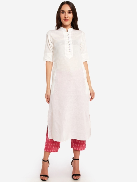 

Desi Weavess Women White & Pink Solid Kurta with Pyjamas