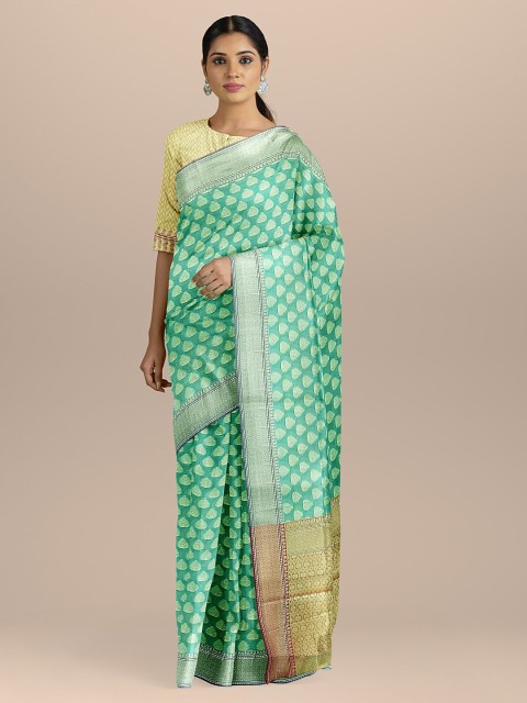 

BharatSthali Turquoise Blue Silk Cotton Woven Design Banarasi Sustainable Saree