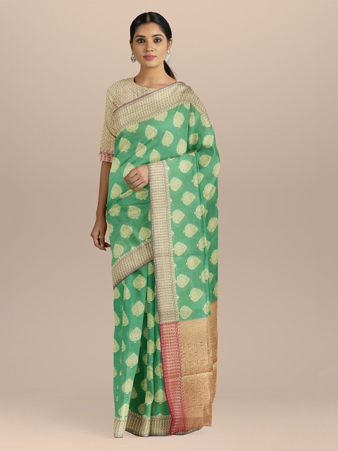 

BharatSthali Green & Gold-Coloured Silk Cotton Woven Design Banarasi Saree