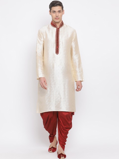 

VASTRAMAY Men Gold-Toned & Maroon Printed Kurta with Dhoti Pants