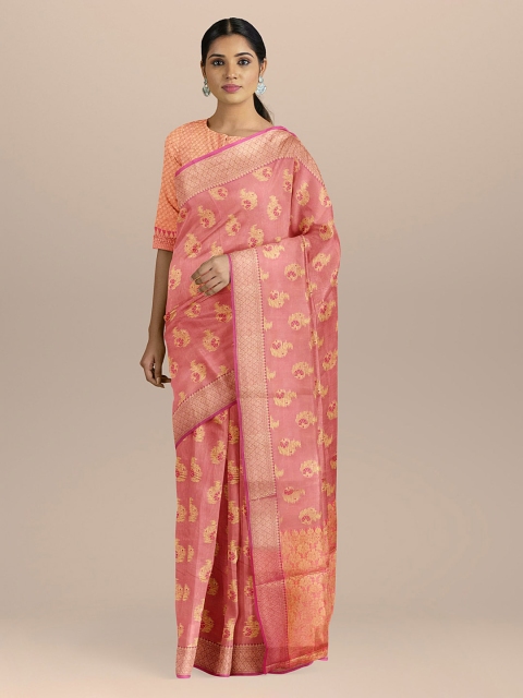 

BharatSthali Pink Silk Cotton Woven Design Banarasi Handloom Sustainable Saree