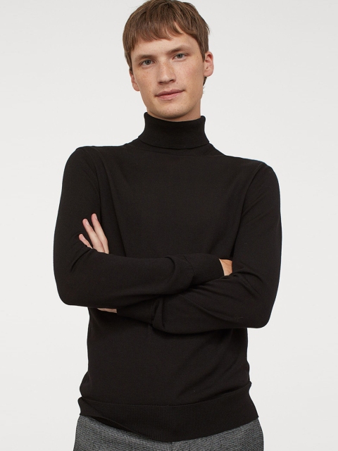 

H&M Men Black Solid Merino Wool Polo-Neck Jumper