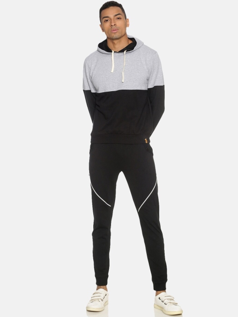 

Campus Sutra Men Black & Grey Colourblocked Hooded Tracksuit