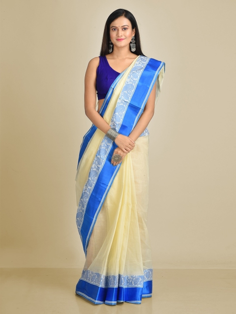 

Mitera Cream& Blue Pure Cotton Solid Handloom Taant Saree
