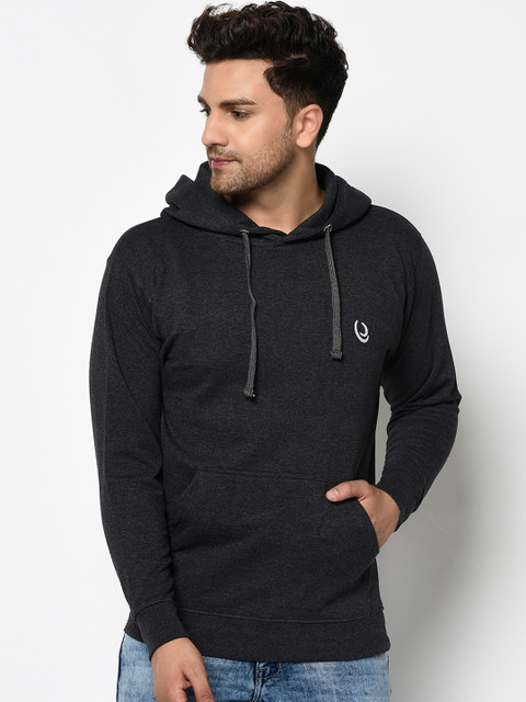 

ELEGANCE Men Charcoal Black Solid Hooded Sweatshirt