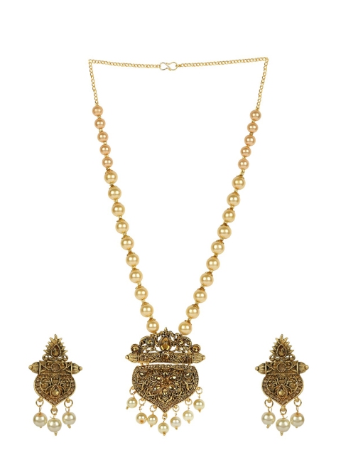 

ANIKAS CREATION Gold-Plated Beige Stone-Studded Pearl Beaded Antique Handcrafted Sustainable Jewellery Set