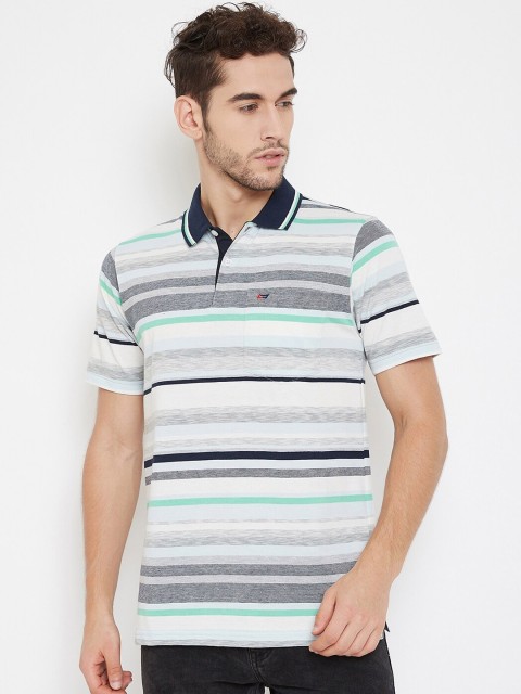 NEVA Men White & Navy Blue Striped Polo Collar T-shirt