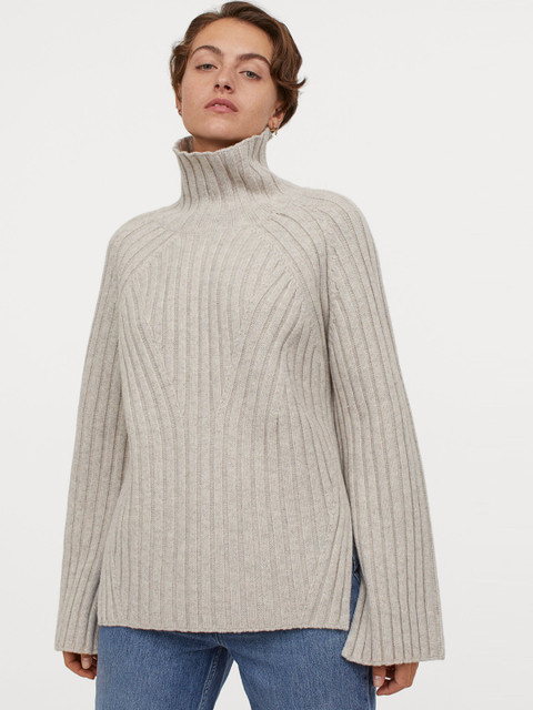 

H&M Women Taupe Solid Wool Polo-Neck Jumper
