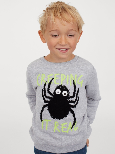 

H&M Boys Grey Melange & Black Printed Sweatshirt