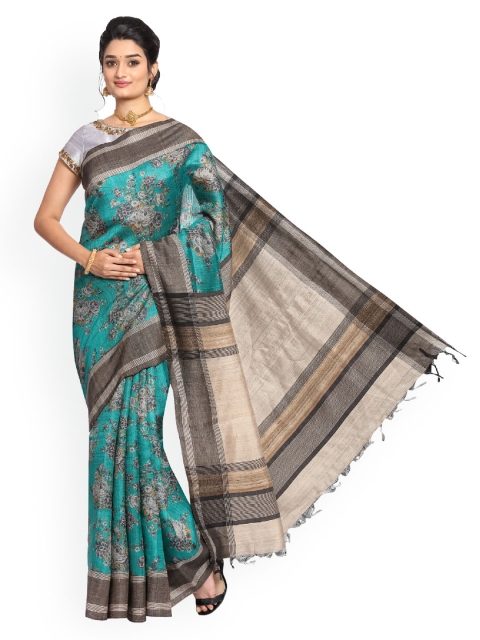 Vijayalakshmi Silks Green & Beige Pure Silk Printed Tussar Saree