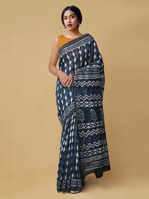

Unnati Silks Navy Blue & Off-White Handloom Silk Cotton Printed Chanderi Sustainable Saree