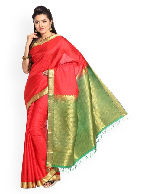 

Vijayalakshmi Silks Red & Green Pure Silk Colourblocked Saree