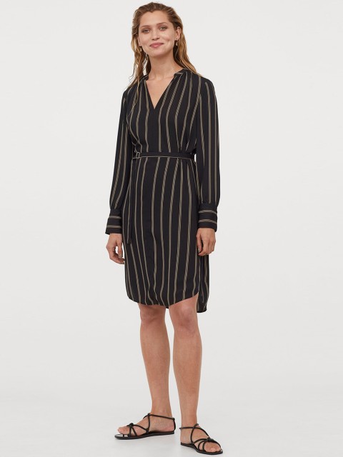

H&M Women Black & White Striped Belted Dress