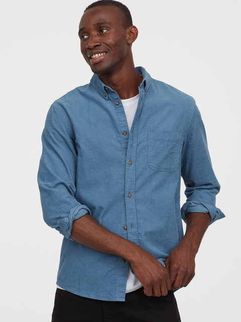 

H&M Men Blue Solid Corduroy Shirt Regular Fit