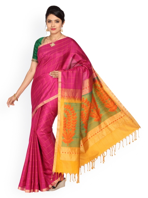 

Vijayalakshmi Silks Green & Magenta Pure Silk Checked Saree
