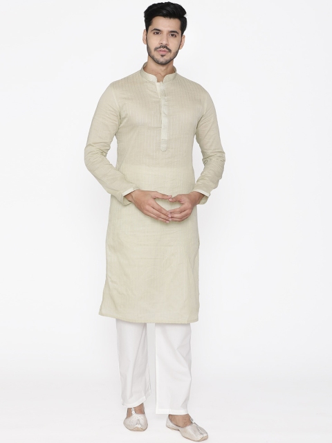 Manyavar Men Cream-Coloured & White Solid Kurta with Pyjamas