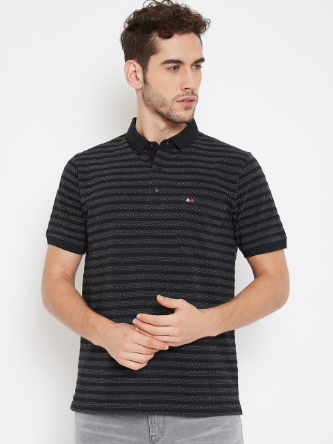 

NEVA Men Black & Grey Striped Polo Collar T-shirt