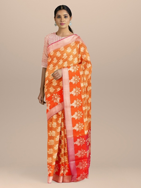 

BharatSthali Orange & Yellow Silk Cotton Woven Design Banarasi Sustainable Saree