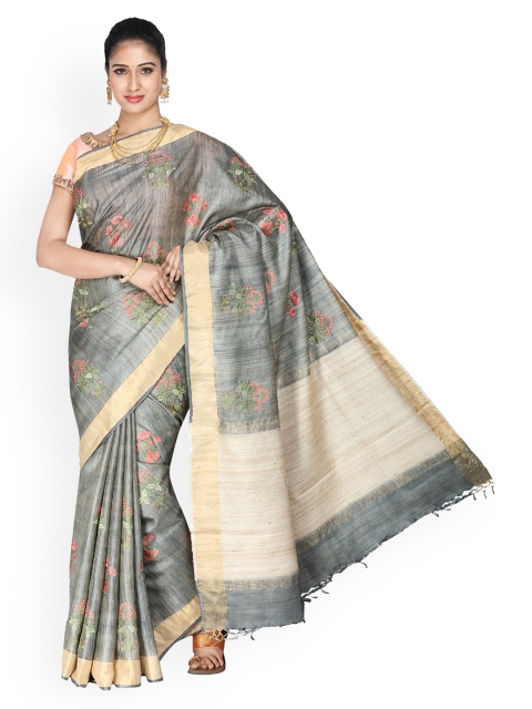 

Vijayalakshmi Silks Beige & Grey Pure Silk Embroidered Tussar Saree