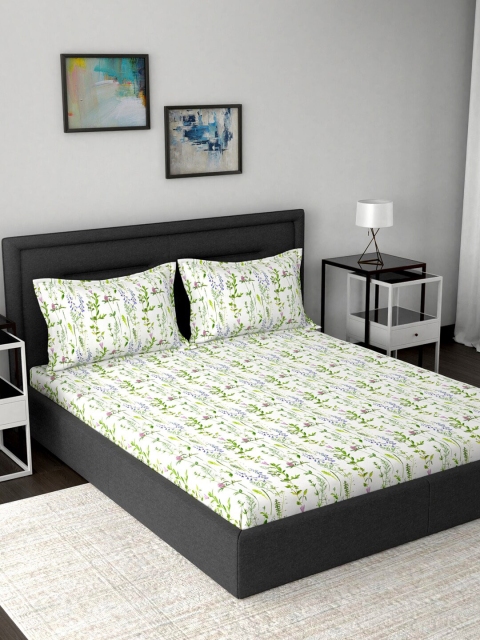 

MASPAR Green & White Floral 200 TC Cotton 1 Queen Bedsheet with 2 Pillow Covers
