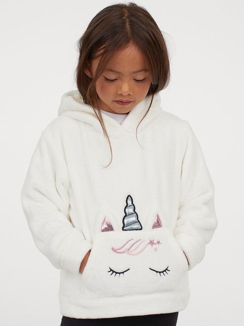 

H&M Girls White Printed Faux Shearling Hoodie