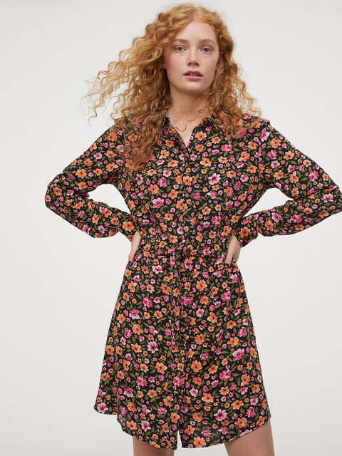 

H&M Women Black & Orange Shirt Dress With A Tie Belt