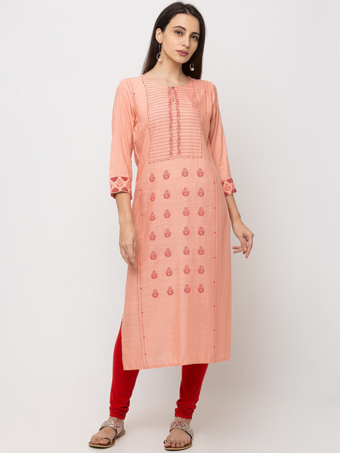 

TANKHI Women Peach-Coloured Solid Straight Kurta
