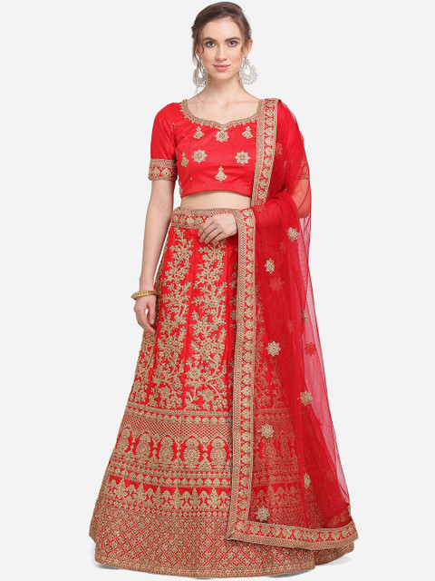 

VRSALES Red & Gold-Toned Embellished Semi-Stitched Lehenga & Unstitched Blouse with Dupatta