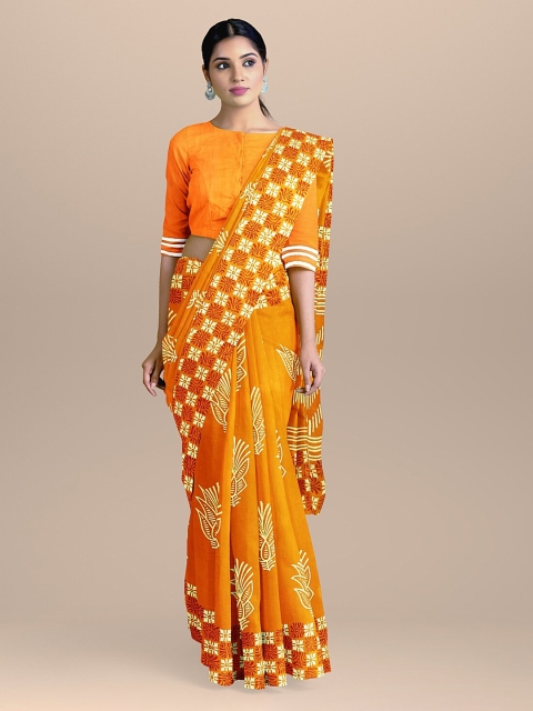 

BharatSthali Orange & White Pure Cotton Printed Handloom Sustainable Saree