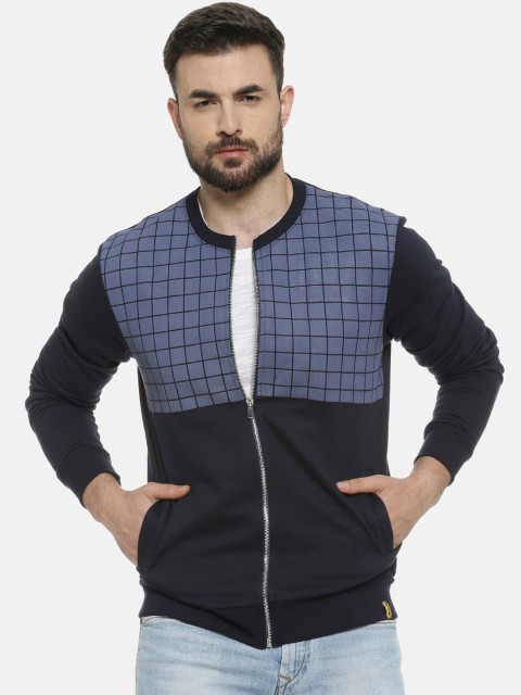 

Campus Sutra Men Navy Blue Checked Windcheater Bomber Jacket