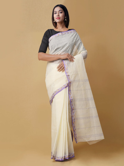 

Unnati Silks Cream-Coloured & Purple Pure Cotton Woven Design Handloom Saree