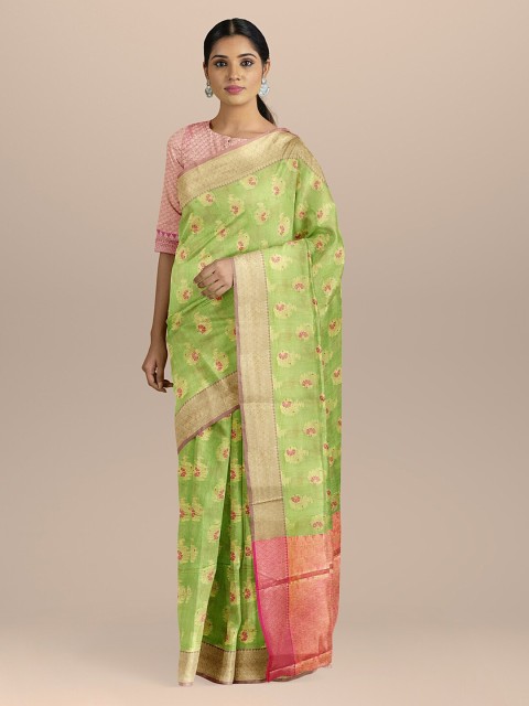 

BharatSthali Green & Gold-Coloured Silk Cotton Woven Design Banarasi Sustainable Saree