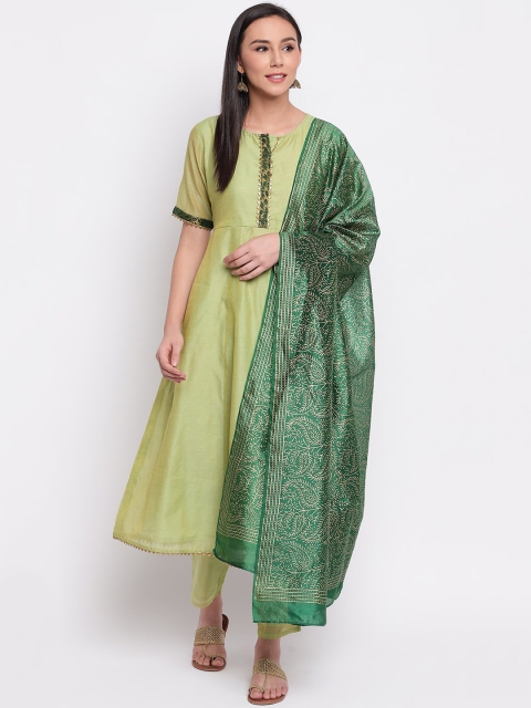 

Shakumbhari Women Green Yoke Design Kurti with Trousers & Dupatta