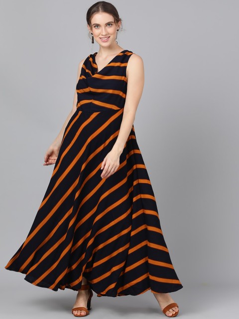 

AKS Women Navy Blue Striped Maxi Dress