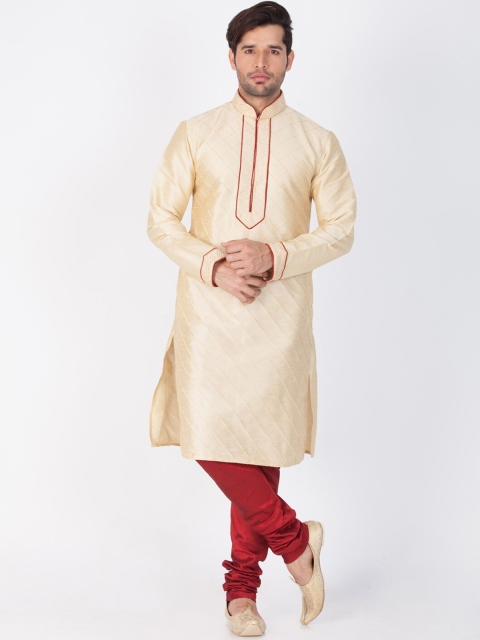

VASTRAMAY Men Gold & Maroon Embroidered Kurta with Pyjamas