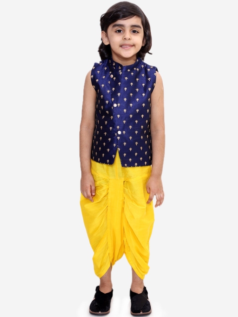 

Lil Peacock Girls Navy Blue & Yellow Printed Coat with Dhoti Pants