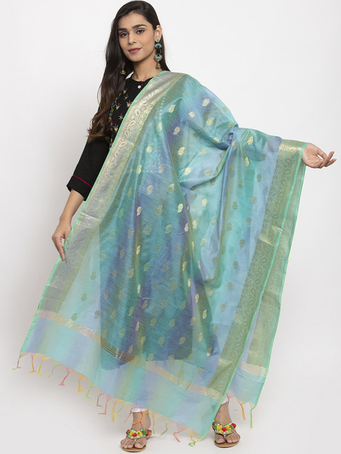 

LOOM LEGACY Turquoise Blue & Gold-Coloured Banarsi Woven Design Dupatta