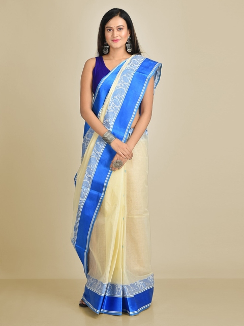 

Mitera Cream & Blue Pure Cotton Solid Taant Saree