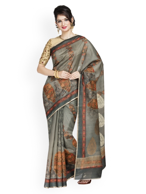 

Vijayalakshmi Silks Grey & Orange Pure Silk Printed Tussar Saree, Grey melange