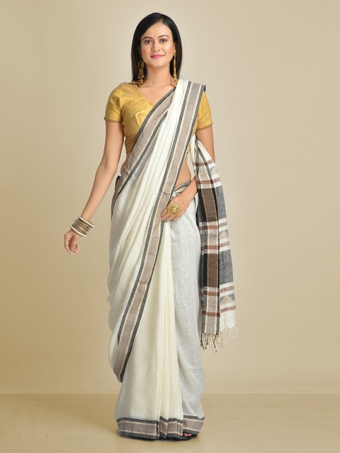 

Mitera Off-White Solid Pure Linen Saree