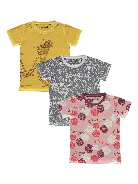 

mezmoda Girls Pack Of 3 Printed Round Neck T-shirts, Pink