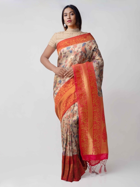 

Unnati Silks Cream-Coloured & Orange Handloom Silk Cotton Woven Design Banarasi Saree