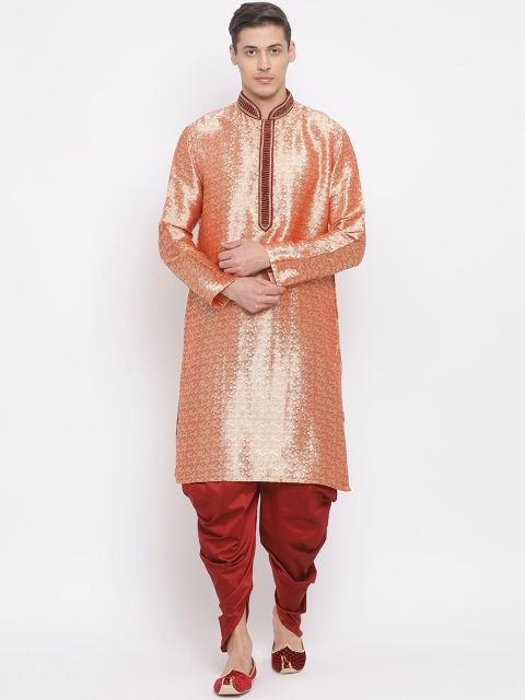 

VASTRAMAY Men Gold Toned & Maroon Woven Design Kurta with Dhoti Pants