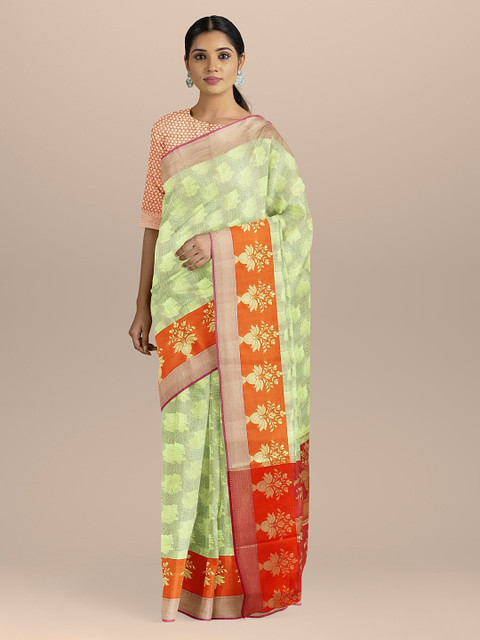 

BharatSthali Green & Orange Silk Cotton Woven Design Sustainable Saree