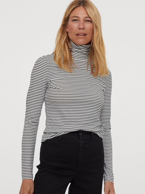 

H&M Women Black & White Striped Jersey polo-neck top