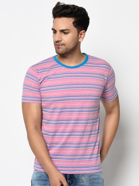 

ELEGANCE Men Multicoloured Striped Round Neck T-shirt, Pink